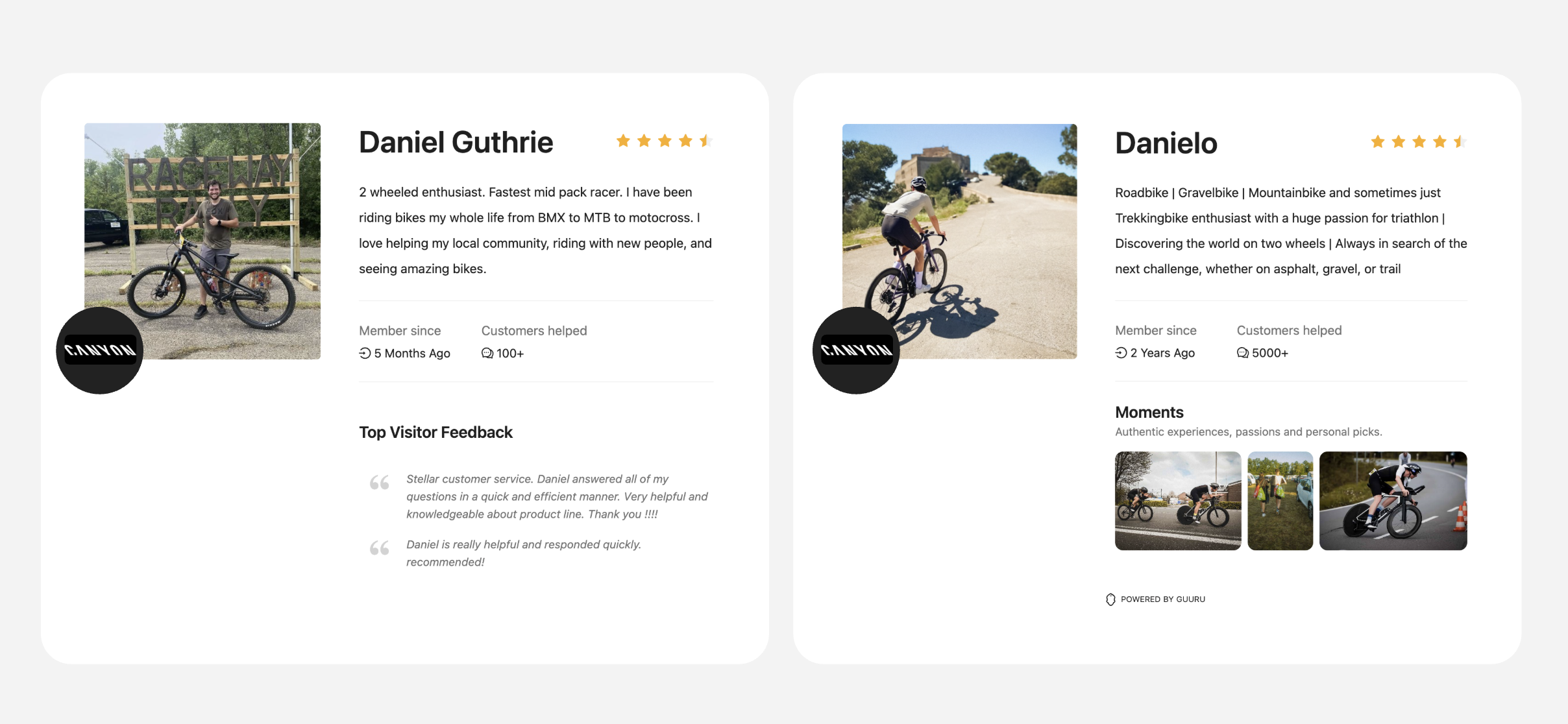 Two example Profiles Pages of Members in the Canyon Community