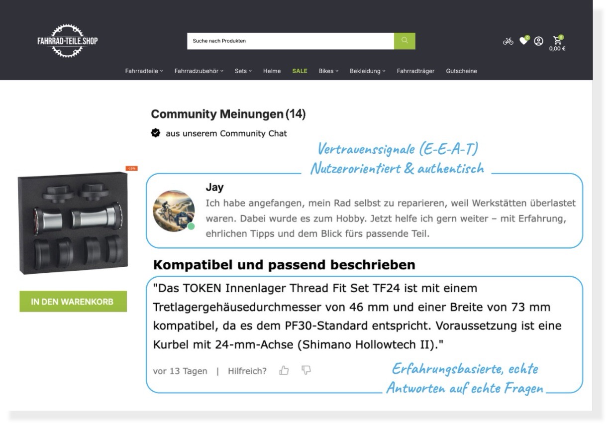 Screenshot von Fahrrad-teile.shop, auf welchem Community Opinions aufgezeigt sind